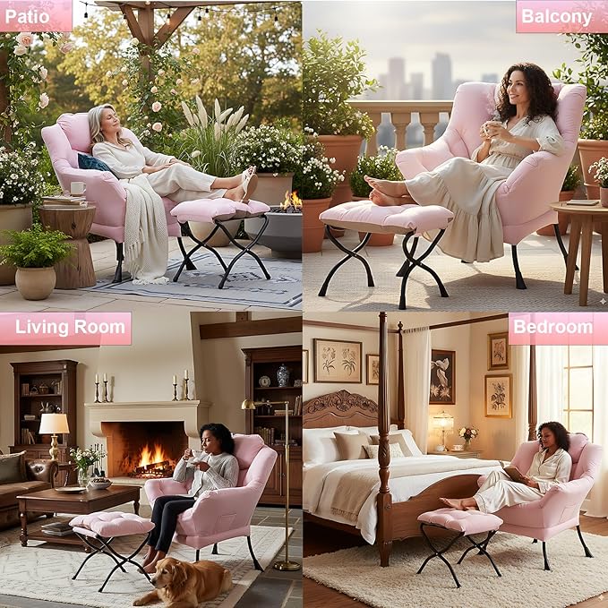 LITA Lazy Chair with Armrests and Side Pocket, Modern Upholstered Accent Reading Chair for Living Room, Bedroom, Dorm, Small Spaces, Single Pink