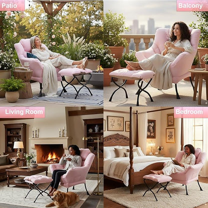 LITA Lazy Chair with Armrests and Side Pocket, Modern Upholstered Accent Reading Chair for Living Room, Bedroom, Dorm, Small Spaces, Single Pink