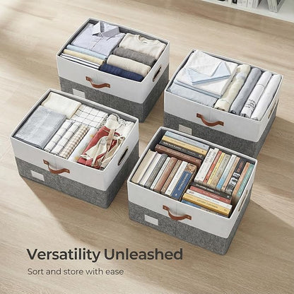 PRANDOM Storage Bins with Lids [3-Pack] Linen Fabric Foldable Storage Boxes Organizer Containers Baskets Cube with Cover for Bedroom Closet Office Grey&White (23.4X15.9X11.4)