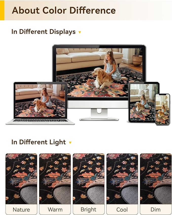 Area Rugs Square 7ft Washable Non-Slip, Floral Vintage Distress Print Pattern Medallion Carpet for Living Room Bedroom Dining Room, Black Colorful Floral Dark Tan