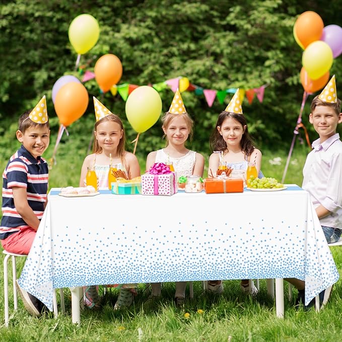 WNINK 2 Pack White and Light Blue Tablecloths, Light Blue Disposable Plastic Waterproof Table Cover, 54" x 108", for Birthday, Baby Shower，Wedding, Bridal Shower, Picnic Camping Parties