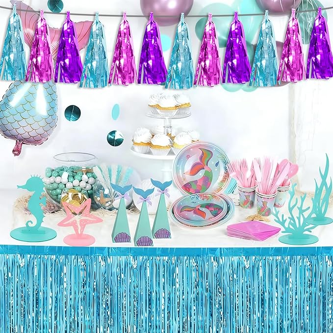 3P Lake Blue Purple-Hot Pink Tassel Banner Garland Metallic Foil Fringe Banner Tinsel Tassels Streamer Banner Backdrop for Parade Floats,Graduation Decorations, Wedding Party Decoration