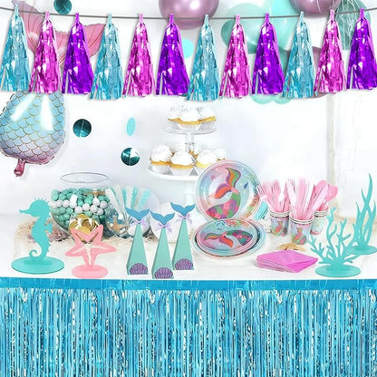 3P Lake Blue Purple-Hot Pink Tassel Banner Garland Metallic Foil Fringe Banner Tinsel Tassels Streamer Banner Backdrop for Parade Floats,Graduation Decorations, Wedding Party Decoration