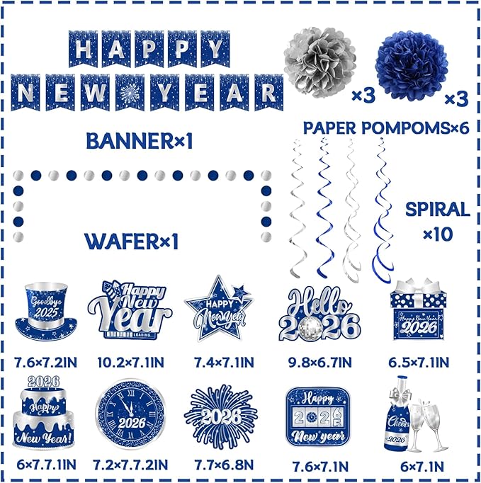 Blue New Years Decorations 2026, NYE Party Supplies includes Happy New Year Banner Hanging Swirls and Blue and Silver Tissue Pom Poms, New Year Hanging Swirls for Indoor Outdoor Classroom Office