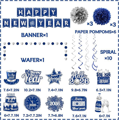 Blue New Years Decorations 2026, NYE Party Supplies includes Happy New Year Banner Hanging Swirls and Blue and Silver Tissue Pom Poms, New Year Hanging Swirls for Indoor Outdoor Classroom Office