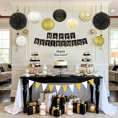 14Pcs Black and Gold Party Decorations, Hanging Paper Lanterns Fans Tissue Flower Pom Poms for Men 50th 60th Birthday Graduation New Years Eve Party Supplies New Years Decorations