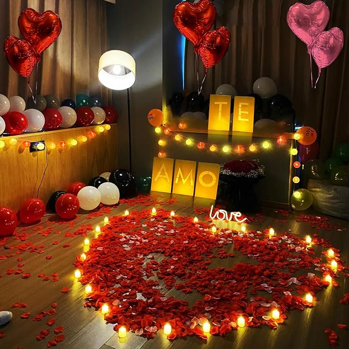 Te Amo Lighted Letters Sign 17pcs Luminary Paper Bags 2200pcs Red Pink Artificial Rose Petals 48pcs Flameless LED Candle Tealight 15pcs Heart Balloons Romantic Night Valentine's Day