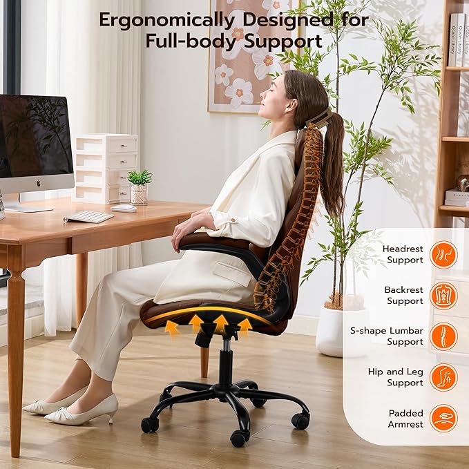Office Desk Chair, Ergonomic Computer Chair with Padded Flip-Up Arms and Adjustable Lumbar Support, PU Leather Executive Chair with Tilt Lock and 360° Swivel Rolling Wheels for Work, Study