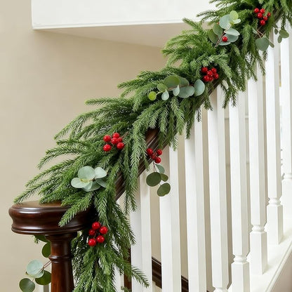 9FT Christmas Garland with Lights, Battery Operated Garland with Red Berries and Eucalyptus Leaves, Real Touch Artificial Prelit Garland for Mantle, Fireplace, Table, Stairs & Christmas Decorations