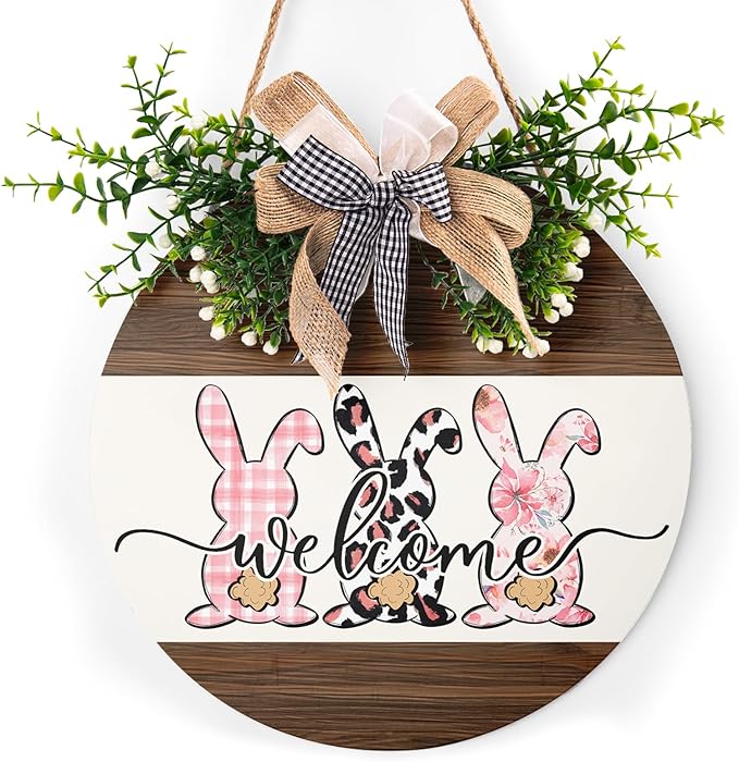 Harooni 12x12 Inch Easter Welcome Hanging Sign for Outdoor, Indoor, Wall, Door, Porch Decor - Wooden Wreath Sign with Rabbit, Buffalo Plaid Bow, 'Welcome' Text