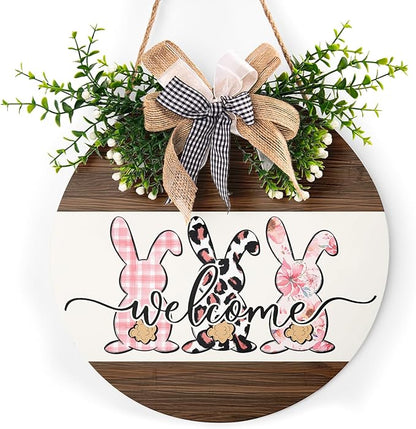 Harooni 12x12 Inch Easter Welcome Hanging Sign for Outdoor, Indoor, Wall, Door, Porch Decor - Wooden Wreath Sign with Rabbit, Buffalo Plaid Bow, 'Welcome' Text