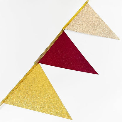 Maroon Gold Party Pennant Banner Flag Burgundy Champagne Gold Triangle Hanging Glitter Paper Bunting for Birthday Graduation Baby Shower Bridal Shower Wedding Bachelorette Engagement Party Decorations