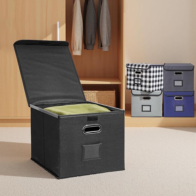 Collapsible File Box with Lid & Plastic Slide - Hanging Document Organizer for Office/Home, 14.96x12.6x10.83 Inch,Black, 2 Pack (No Folders Included)