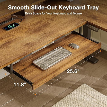 Casaottima 59 Inch Electric L-Shaped Standing Desk with Drawers, Height Adjustable Stand Up Corner Desk with Monitor Stand & Keyboard Tray, Lift Table for Home Office, Workstation, Rustic Brown