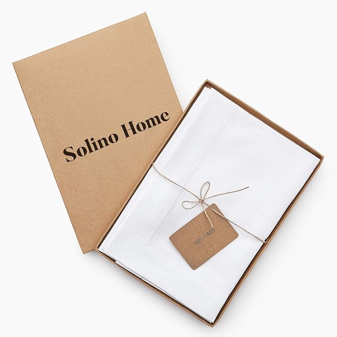 Solino Home White Linen Napkins Set of 6-100% Pure Linen Hemstitch Dinner Napkins 20 x 20 Inch for Fall, Autumn, Winter, Christmas, Holiday, New Year - Classic Hemstitch