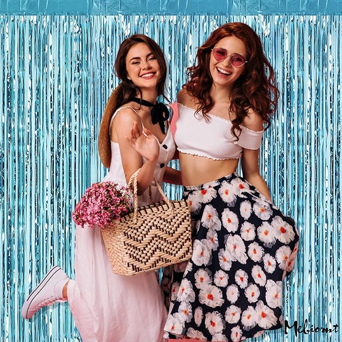 4 Pack Light Blue Fringe Curtain Backdrop, 3.2Ft x 8.2Ft Metallic Tinsel Foil Fringe Streamers Curtains Background for Photo Booth Birthday Wedding Baby Shower Party Thanksgiving Christmas Decorations