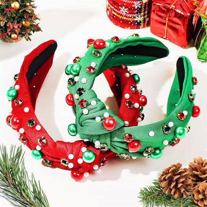 2 Pcs Christmas Headbands for Women Pearl Rhinestone Knot Headband Xmas Crystal Jeweled Hair Band Bow Wide Top Knotted Headband Christmas Hair Accessories Holiday Party Outfits(Pearl Rhinestone)