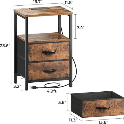 Huuger Nightstands Set of 2, End Tables with Charging Station, Fabric Drawers, Bedside Tables with USB Ports and Outlets, Night Stands for Bedroom, Rustic Brown