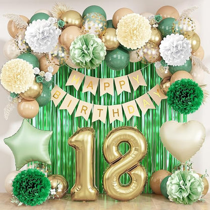 Sage Green 18th Birthday Decorations for Boys Girls Gold Number 18 Balloon Nude Gold Happy Birthday Banner Fringe Curtain Paper Pom Poms Olive Green Cream White Sand Star Foil Balloons Party Decor