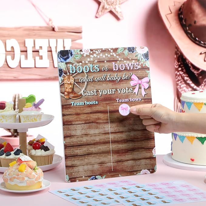 Poen Boots or Bows Gender Reveal Game Board with Stand, 60 Pink Bow & Brown Boot Stickers, Cast Your Vote Baby Shower Party Supplies, Boy or Girl Guessing Game Decorations for Gender Reveal Party