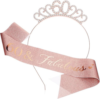 60th Birthday Decoration for Women, Rose Gold 60 & Fabulous Birthday Sash and Rhinestone Headband for Women's 60th Birthday Gifts Crown Tiara Party Decor