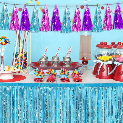 3P Lake Blue Purple-Hot Pink Tassel Banner Garland Metallic Foil Fringe Banner Tinsel Tassels Streamer Banner Backdrop for Parade Floats,Graduation Decorations, Wedding Party Decoration