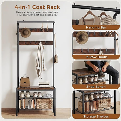 DUMOS Hall Tree with Shoe Bench and Coat Rack, Entryway Bench with Shoe Storage and Hooks, 4-in-1 Coat and Shoe Rack for Entryway, Mudroom Storage Organizer with Shelves, Brown