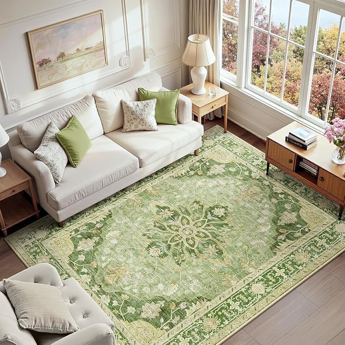 Area Rugs 6'x9' Washable Non-Slip, Floral Vintage Distress Print Pattern Medallion Carpet for Living Room Bedroom Dining Room, Sage Green Yellow