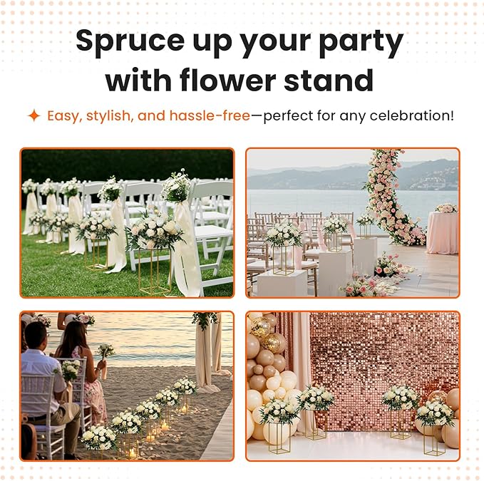 YALLOVE 10 Pcs 15.75" Gold Wedding Flower Stand Metal Vase Column Stand Geometric Centerpiece Vase for Home Party Wedding Decorations, Rectangular Flower Display Rack