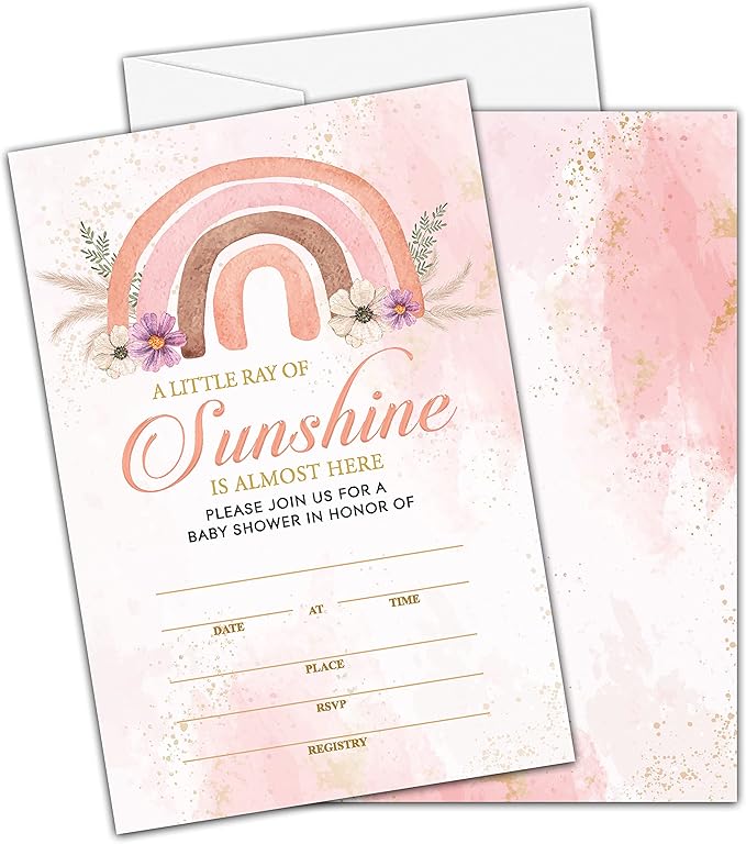 25 Boho Rainbow Baby Shower Invitation Cards With Envelopes (4" x 6") - Sunshine Baby Gender Reveal Party Invites For Adults Kids - Gender Neutral Baby Shower Party Decorations Supplies(YQK-B16)