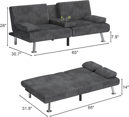 Shahoo Modern Upholstered Convertible Folding Futon Sofa Bed with Removable Armrests, Metal Legs, 2 Cup Holders for Living Room, Grey