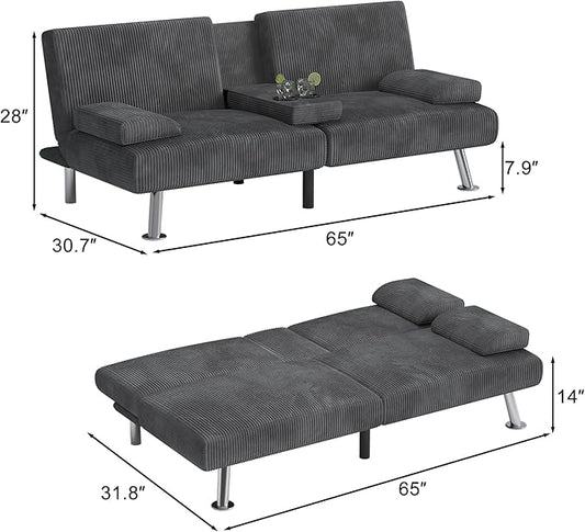 Shahoo Modern Upholstered Convertible Folding Futon Sofa Bed with Removable Armrests, Metal Legs, 2 Cup Holders for Living Room, Grey