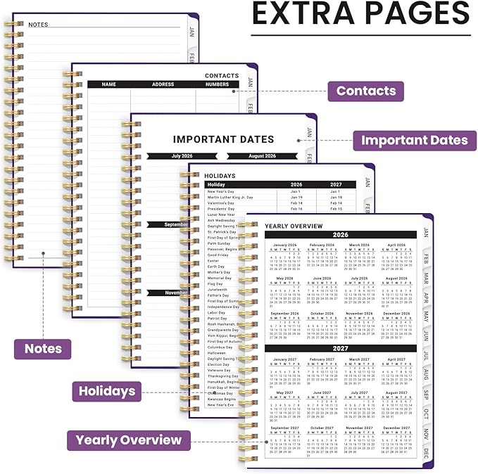 2026 Planner, Weekly and Monthly Planner for Women, Jan 2026 - Dec 2026 Pretty 2026 Calendar Planner with Monthly Tabs, Inner Pocket, Spiral Binding, Perfect for Office Home School - 6.3" x 8.5", Purple Blocks