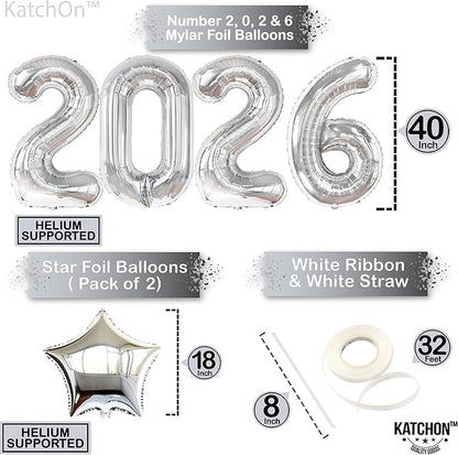 Katchon, Giant 2026 Balloons silver - 42 Inch | New Year Decorations 2026 | Star Foil Balloons for 2026 New Year Party Decorations
