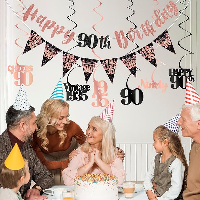 90th Birthday Decorations for Women, Black Rose Gold Happy 90th Birthday Banner Hanging Swirls Vintage 1935 Birthday Decorations Kit Cheers to 90 Birthday