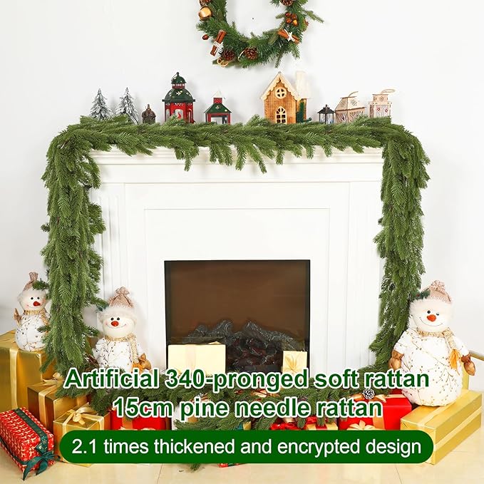 Lyrow 1 Pcs 15 ft Artificial Pine Greenery Garlands Deluxe Faux Thick Real Touch Winter Pine Garland Artificial Greenery Wreath for Table Fireplace Mantle Indoor Outdoor Christmas Decorations