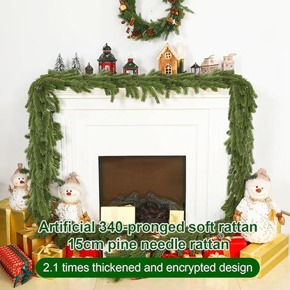 Lyrow 1 Pcs 15 ft Artificial Pine Greenery Garlands Deluxe Faux Thick Real Touch Winter Pine Garland Artificial Greenery Wreath for Table Fireplace Mantle Indoor Outdoor Christmas Decorations