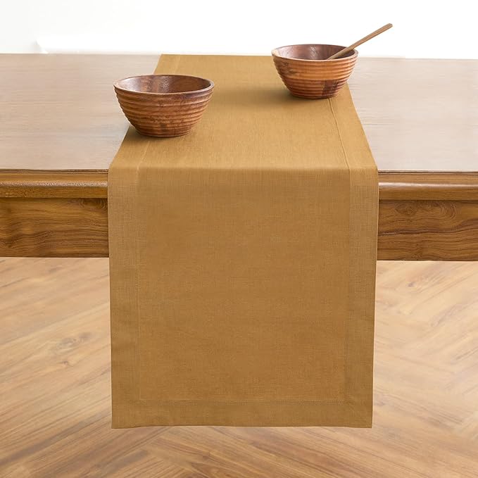 Solino Home Linen Table Runner 36 Inches - 100% Pure Linen Caramel Table Runner 14 x 36 Inch Ideal for Dresser and Coffee Tables - Fall, Autumn - Fete