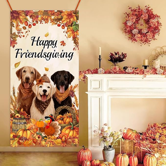 Friendsgiving Door Cover Banner Happy Thanksgiving Party Decorations, Dog Pumpkin Maple Leaves Give Thanks Turkey Friendsgiving Door Party Decorations