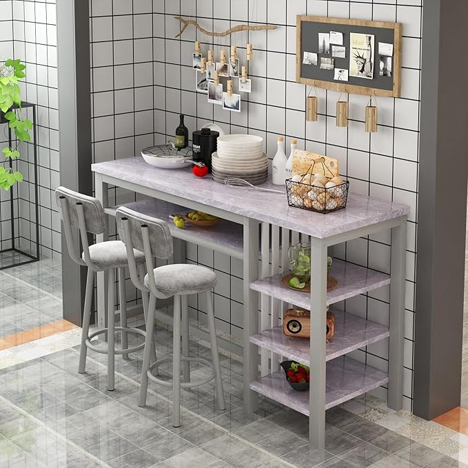 AWQM 3-Piece Bar Table and Chairs Set, Modern Glay Table with 2 PU Cushion Bar Stools, Kitchen Counter with 3 Tier Storage Shelves, Space Saving Table for Home & Kitchen, Black Frame