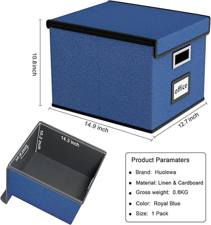 Huolewa File Organizer Box with Lid, Collapsible File Folder Organizer for Office Document Storage, Filing Box with Plastic Slide for Letter Size Hanging File Folders(1 Pack, Royal Blue)