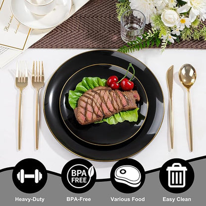 I00000 200 PCS Black and Gold Plates for 100 Guests Include: 10.25 inch 100 Dinner Plate and 7.5 inch 100 Plastic Dessert Plate, Premium Halloween Plastic Plates Perfect for Party Halloween