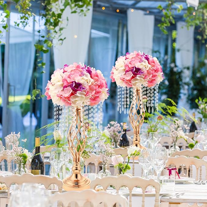 Wesiti 2 Pcs Crystal Gold Flower Stand Elegant Metal Flower Arrangement Stand with Chandelier Crystals 17.7" Tall Gold Vase for Centerpieces Wedding Reception Hotel Favor