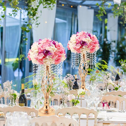 Wesiti 2 Pcs Crystal Gold Flower Stand Elegant Metal Flower Arrangement Stand with Chandelier Crystals 17.7" Tall Gold Vase for Centerpieces Wedding Reception Hotel Favor