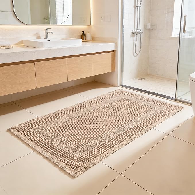 Waffle Bath Mat Non Slip, Boho Runner Rug, Super Absorbent Quick Dry Long Bath Runner Bathroom, Soft Farmhouse Bath Rug with Tassels, Washable Shower Mats for Floor 24"x48", Square Brown