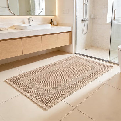 Waffle Bath Mat Non Slip, Boho Runner Rug, Super Absorbent Quick Dry Long Bath Runner Bathroom, Soft Farmhouse Bath Rug with Tassels, Washable Shower Mats for Floor 24"x48", Square Brown