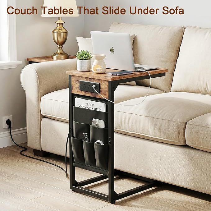 AMHANCIBLE C Shaped End Table with Charging Station, TV Tray Set of 2, Couch Tables with Storage Bag, Slide Under Sofa Side Table with USB Ports and Outlets for Living Room, Rustic Brown HET04CBR