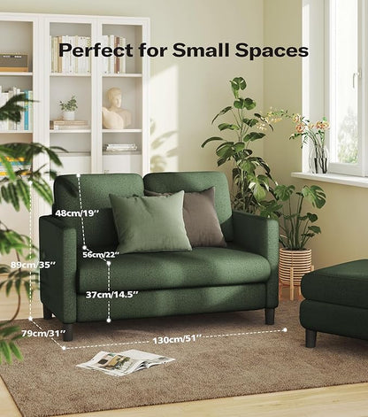 Loveseat Sofa, 51" Love Seat, Comfy Teddy Small Loveseat for Small Spaces, Tool-Free Setup Couch for Bedroom, All-Wood Couches for Living Room, No Pillow Included, Green