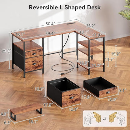 Furologee L Shaped Computer Desk with Power Outlet, Reversible Home Office Desk for Work Study, 50 Inch Corner Gaming Table with File Drawer, Monitor Stand, Storage Shelves, Rustic Brown