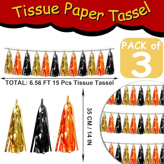 3P Orange Gold Black Tassel Banner Garland Metallic Foil Fringe Banner Tinsel Tassels Streamer Banner Backdrop for Parade Floats, Graduation Decorations, Halloween, Christmas Decorations